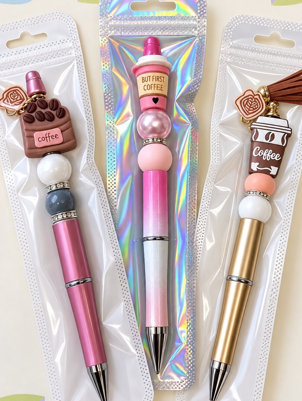 3pc Beaded Charm Pens Ballpoint Cute Novelty Gift Coffee Theme